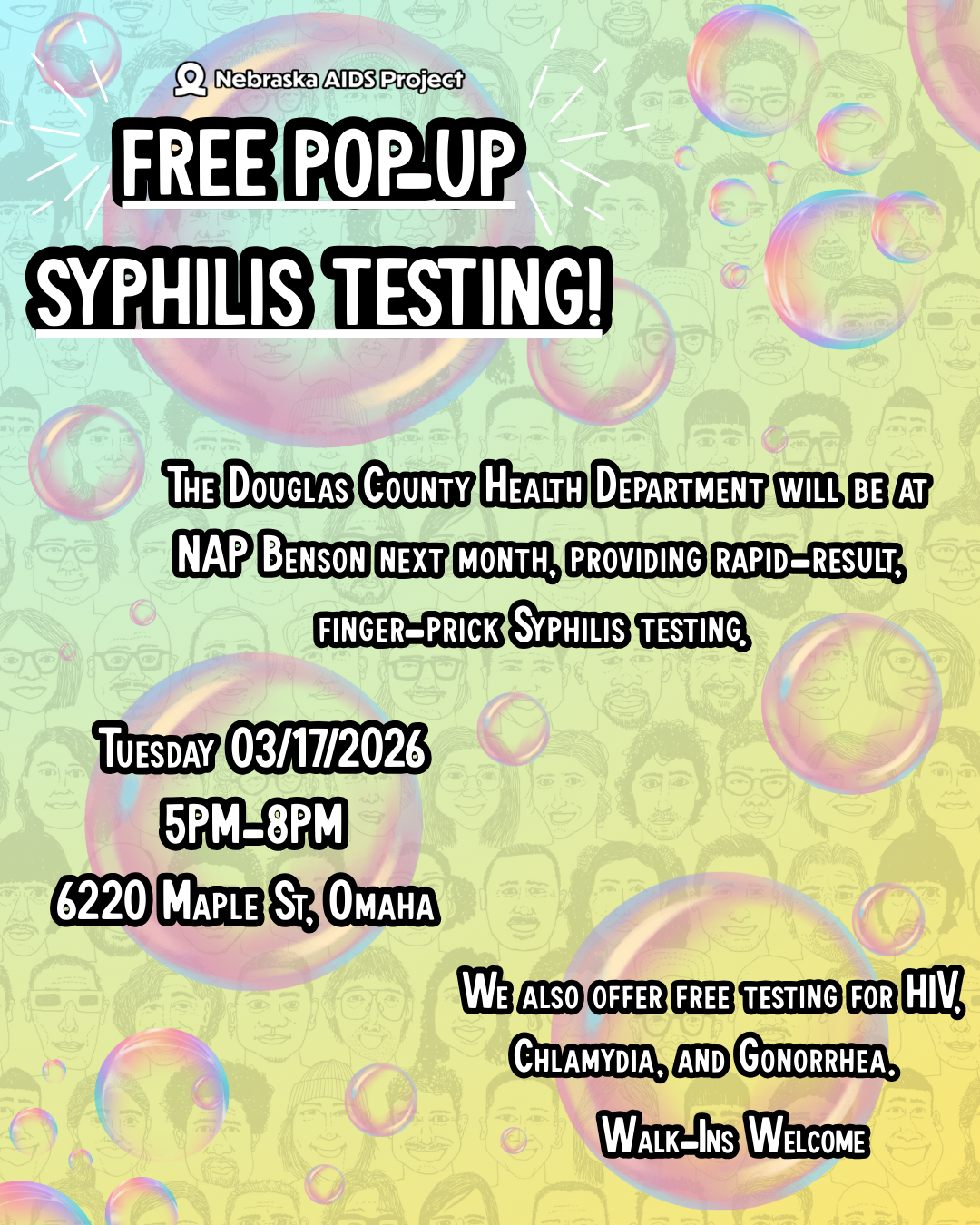 FREE POP UP SYPHILIS TESTING Need fast free testing The Douglas County Health Department will be at NAP Benson next month providing rapid result finger poke Syphilis testing Walk in and 4